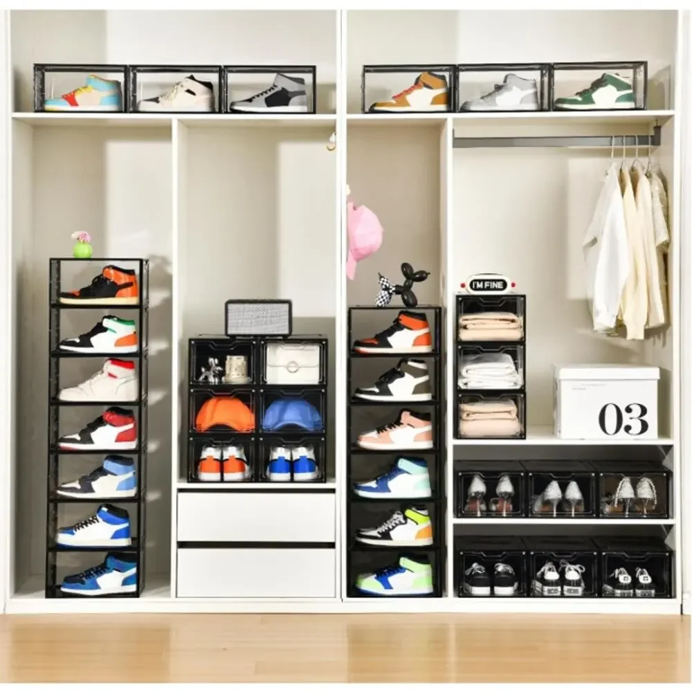 Stebopum 12 Pack Stackable Shoe Storage Boxes Clear Black Magnetic NEW